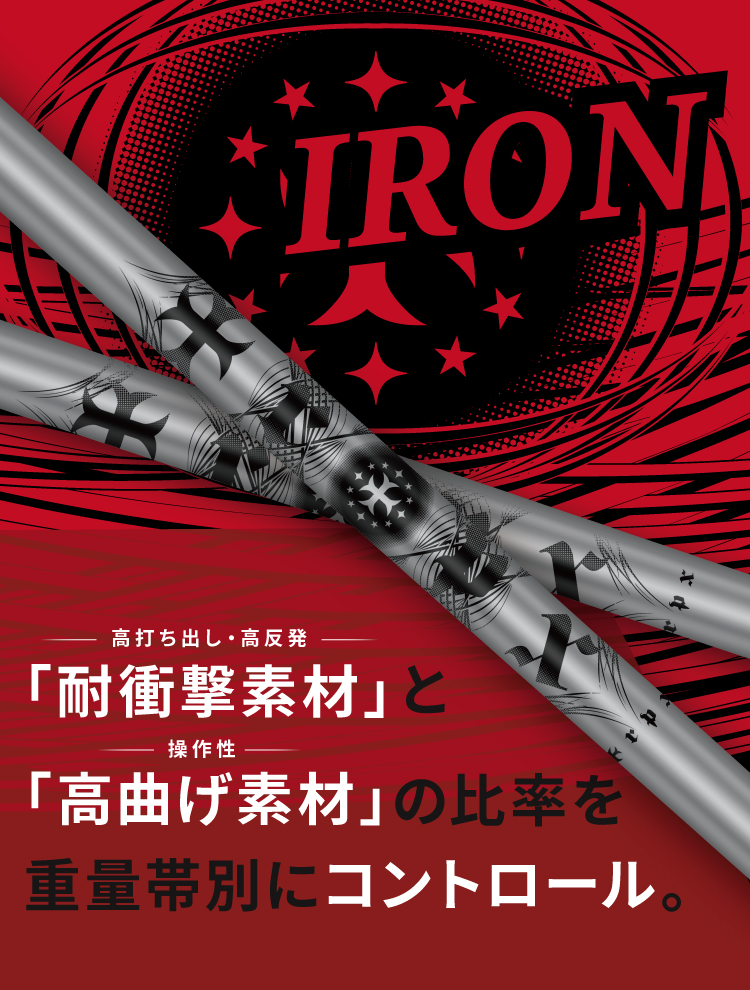 IRON,「耐衝撃素材」と「高曲げ素材」の比率を重量帯別にコントロール。