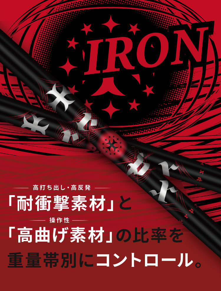 IRON,「耐衝撃素材」と「高曲げ素材」の比率を重量帯別にコントロール。